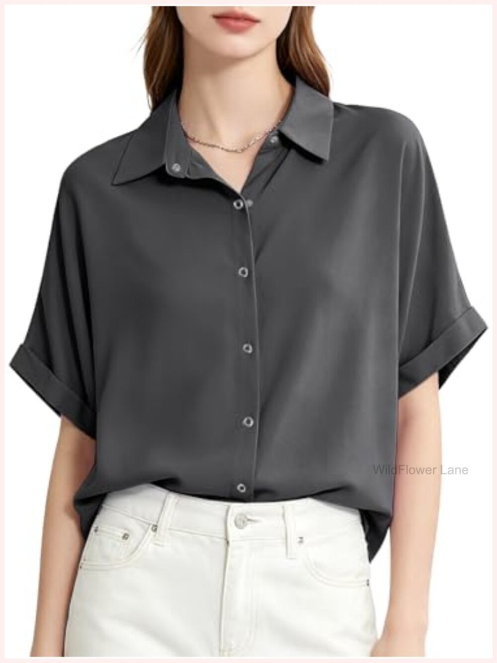 Womens Snap Button Blouse Cotton Lyocell Short Sleeve Casual Shirt